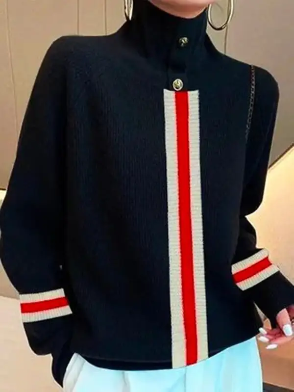 Striped Paneled High Neck Long Sleeve Relaxed Fit Sweater