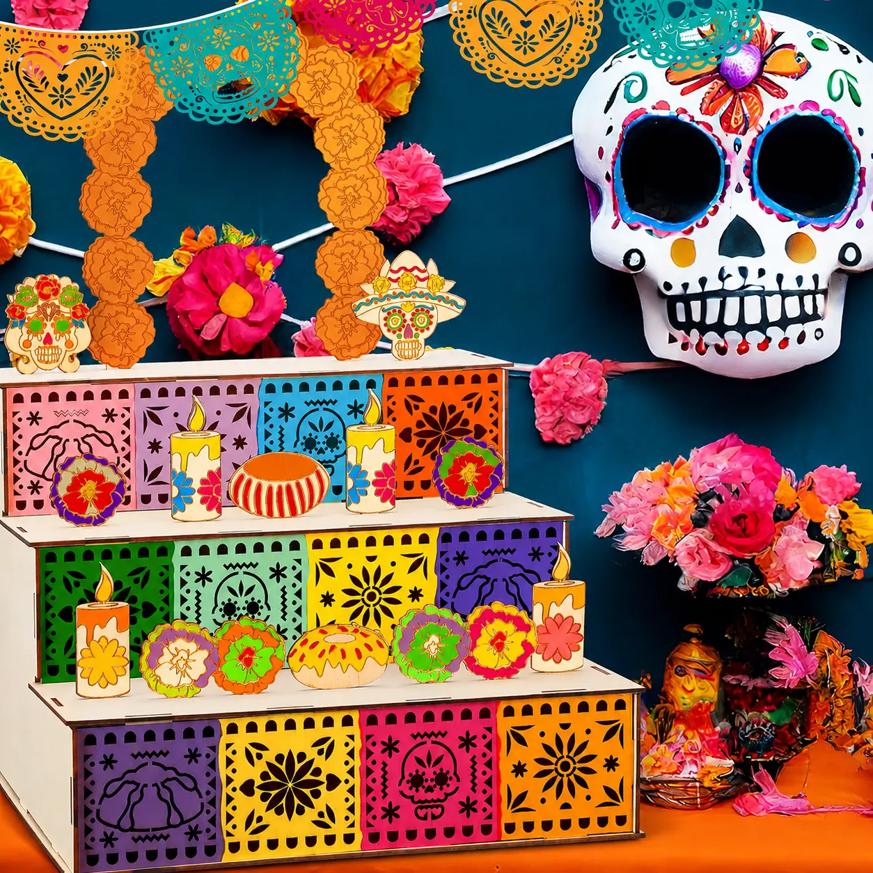 3-Tier Day of the Dead Wooden Altar Display Set - Decorative Accent Pieces