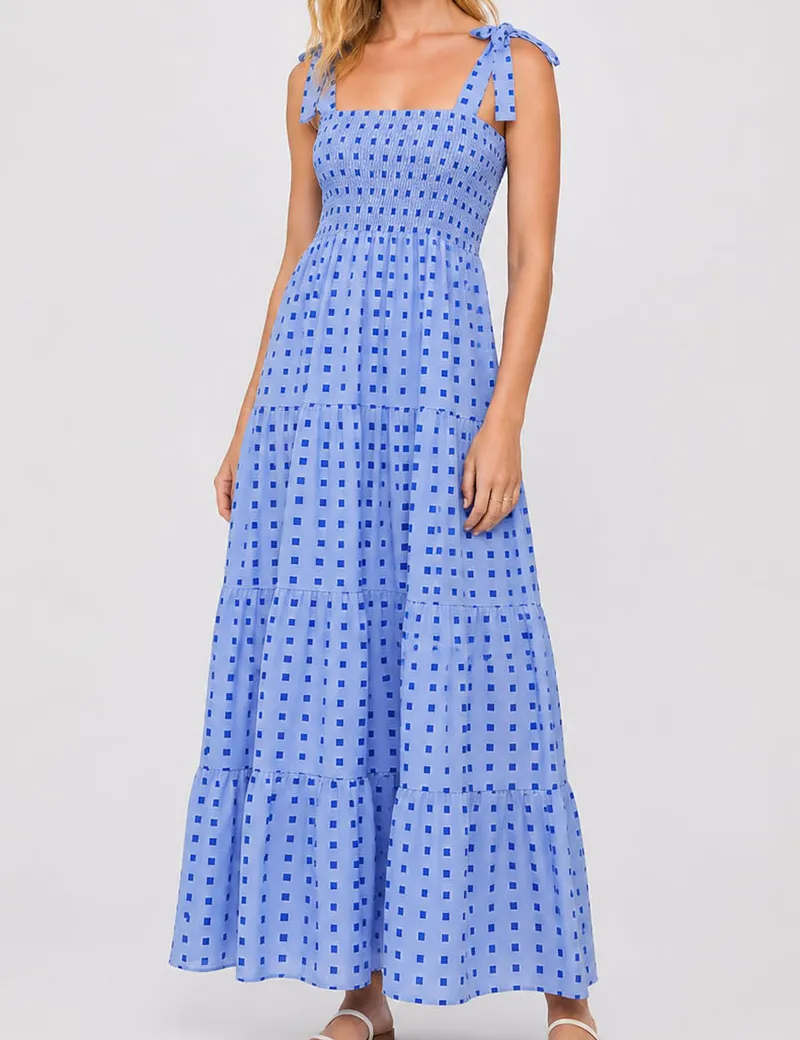 Abstract Smocked Strap Square Neck Midi Dress