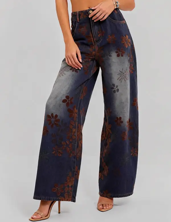Floral Print Fleece Lined Wide Leg Barrel Denim Pants
