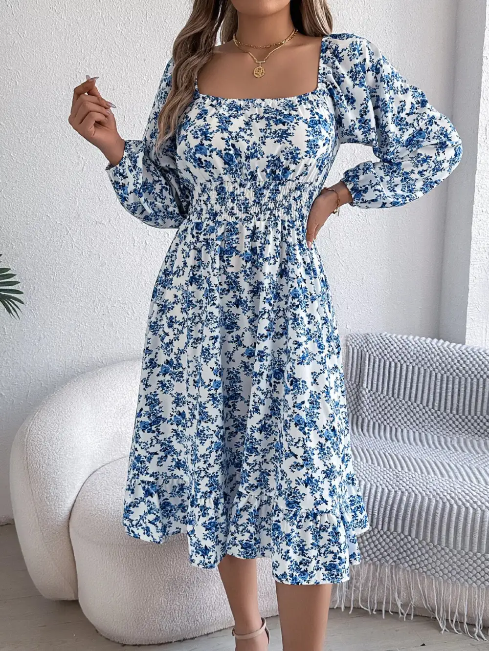 Floral Printed Square Neck Midi Dress