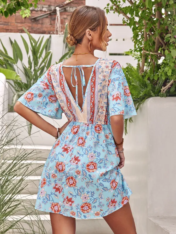 Plus Size Floral Print Butterfly Sleeve Tie Back Knot Front Dress