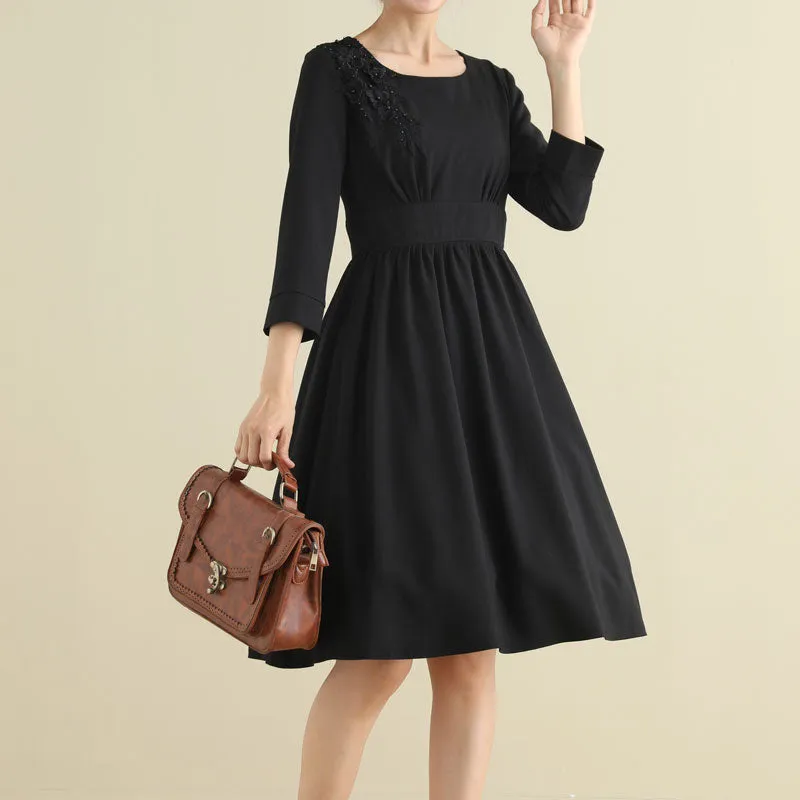 Floral Linen Cotton A Line Pleated Midi Dress