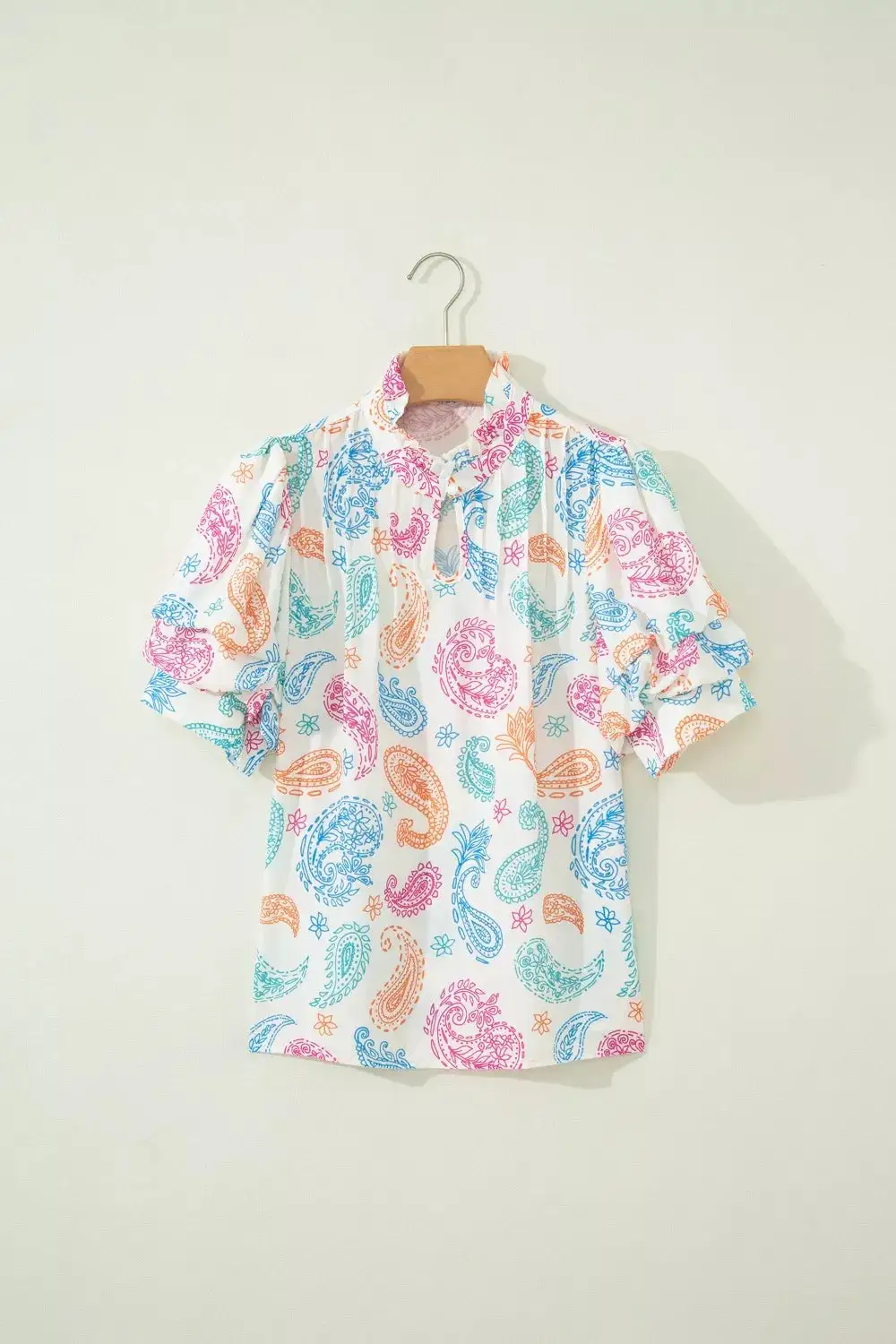 Button Front Puff Sleeve Paisley Blouse