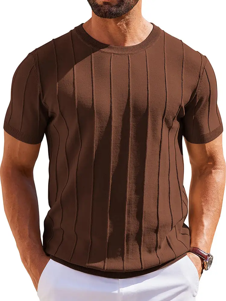 Casual Short Sleeve Ribbed Knit Pullover Tee