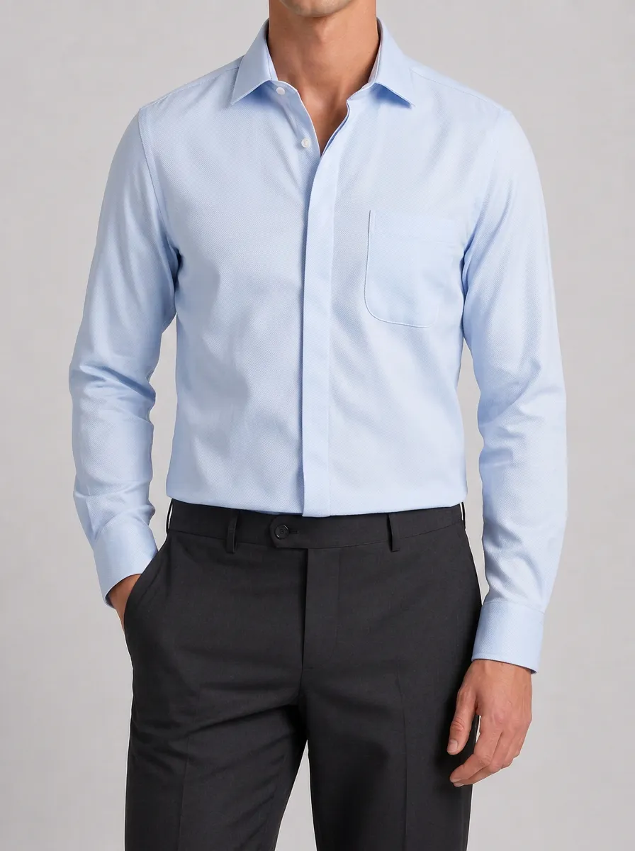 Men's Business Casual Light Blue Textured Long Sleeve Shirt