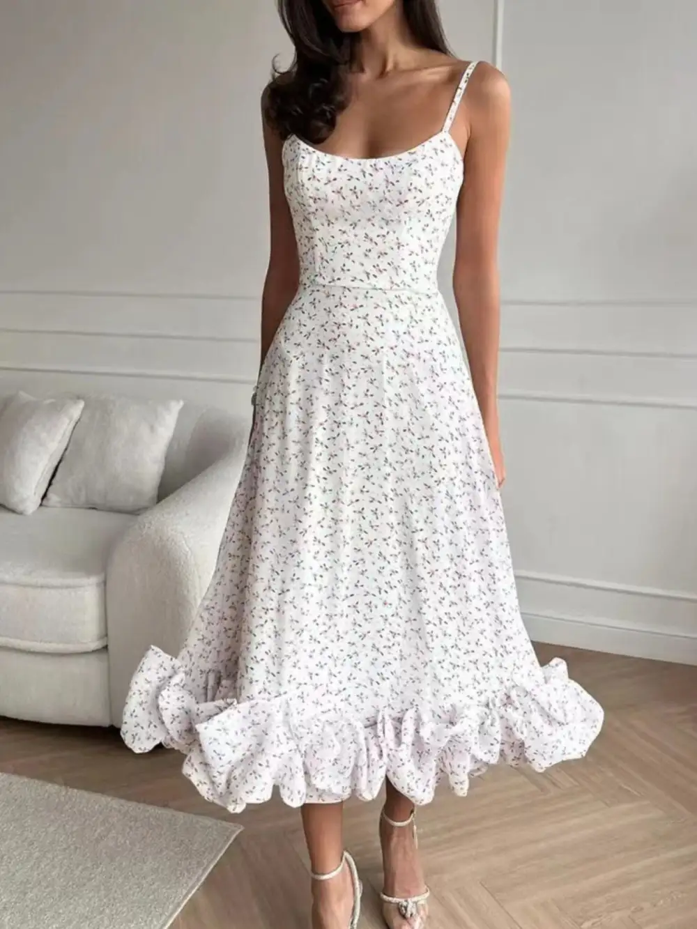 Print Ruffle Hem Spaghetti Strap Midi Dress