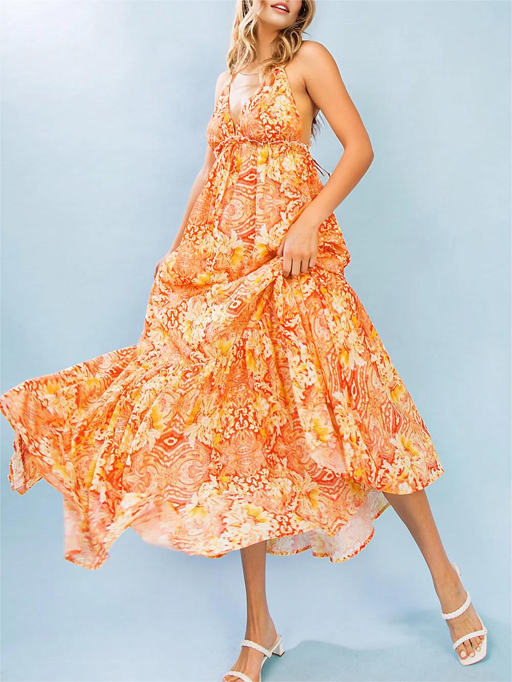 Orange Floral Asymmetric Maxi Dress