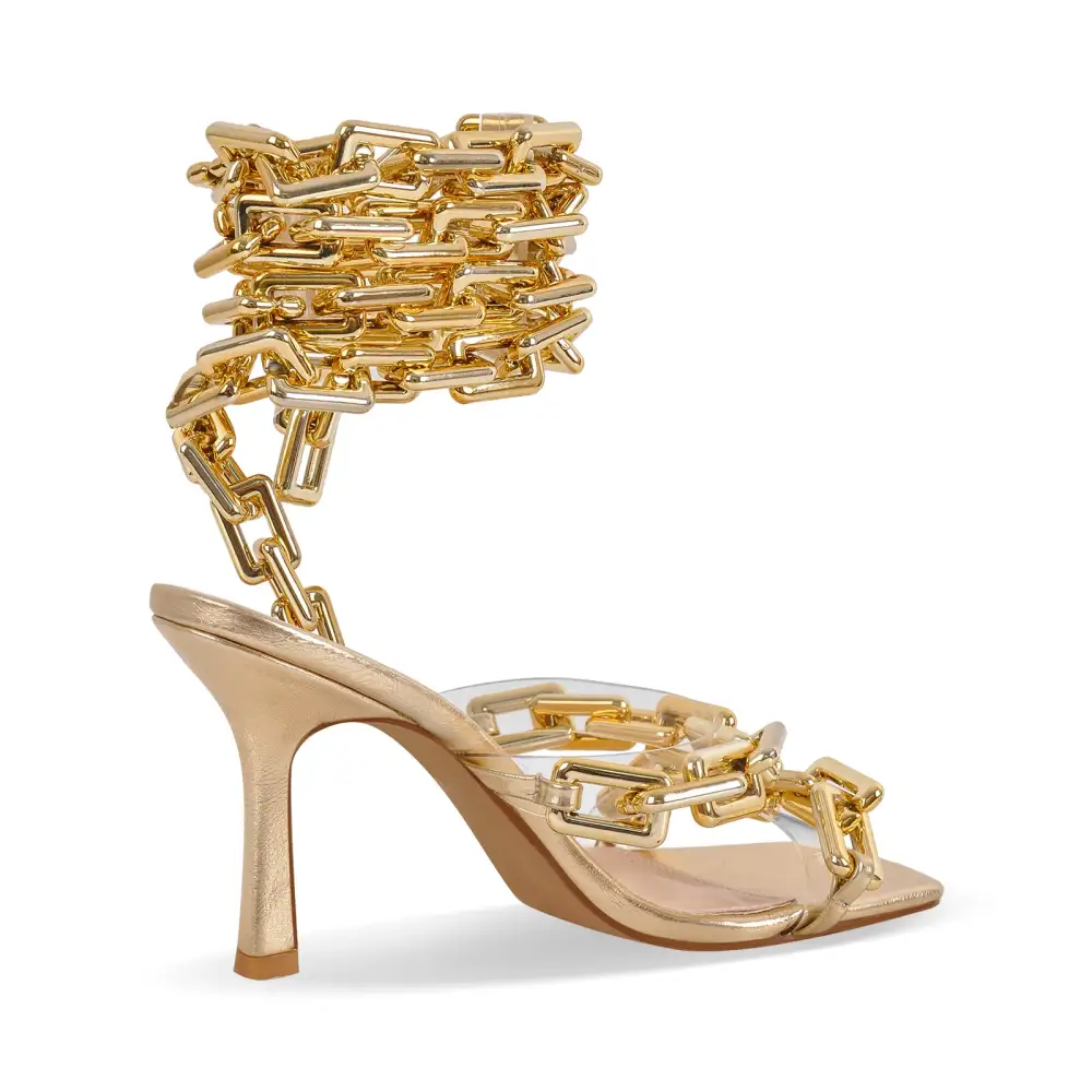 Square Toe Metal Chain Lace Up Stiletto Sandals