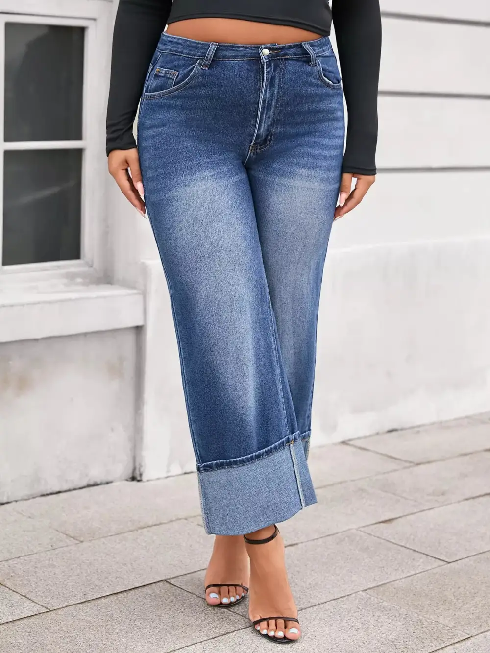 Structured High Waist Wide Leg Cuffed Denim Jeans