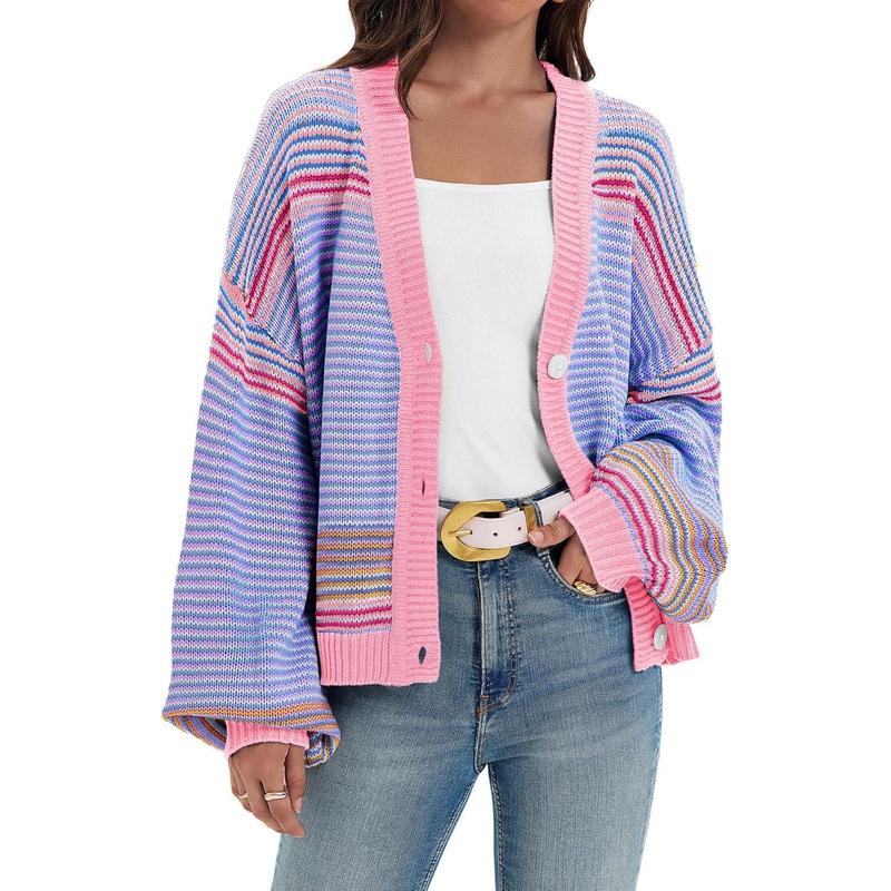 Womens Striped Cardigan Sweaters Oversized Puff Sleeve Button Up V Neck Color Block Knit Sweater Coat