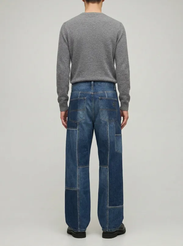 Wide Leg Patchwork Stitched Detail Vintage-Inspired Men's Loose Fit Jeans