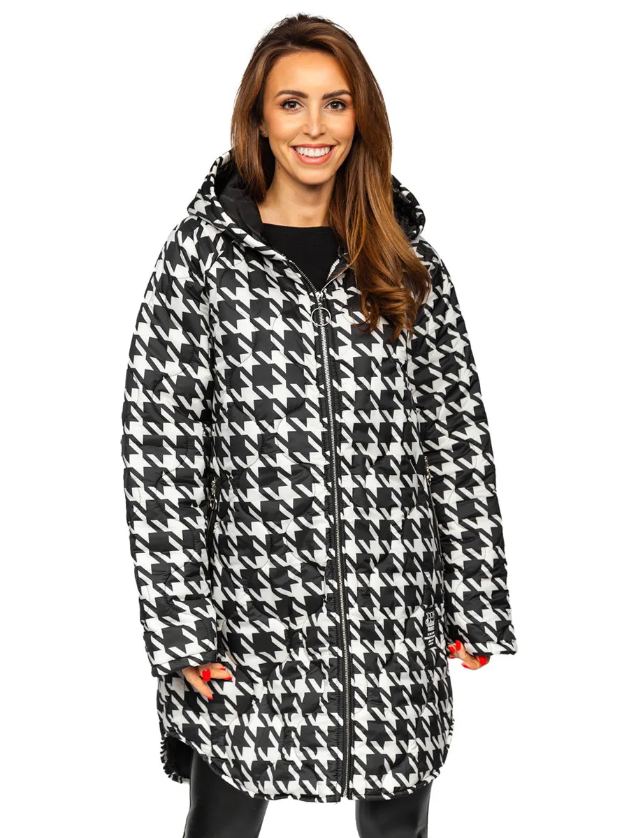 Black and white women's quilted winter jacket with hood