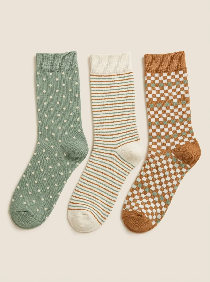 Garden Polka Dot Striped Checkerboard Three Pair Sock Set
