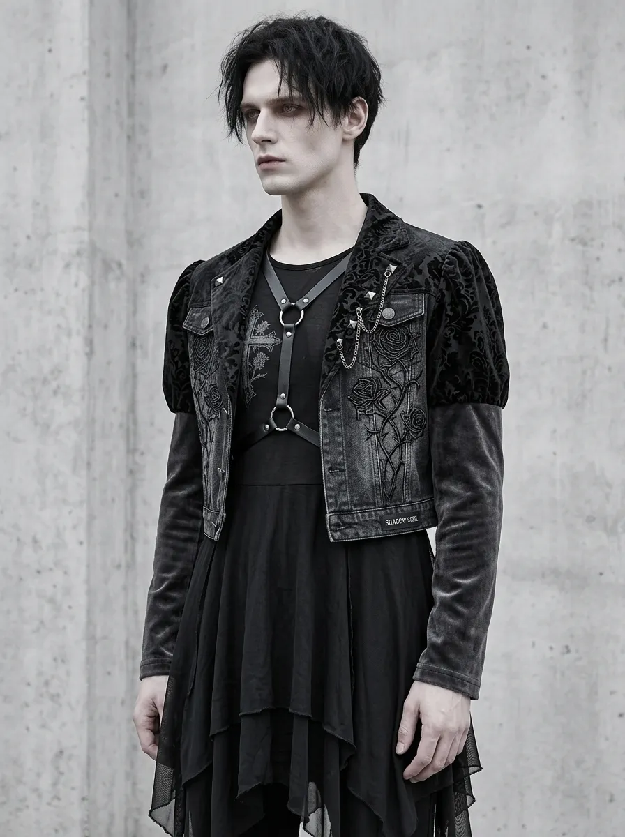 Men's Gothic Rose Cross Embroidered Printed Jacket
