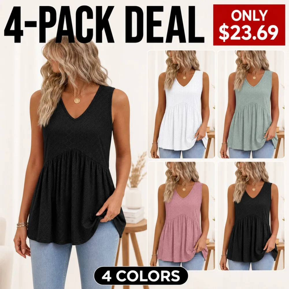 Women's Flowy V-Neck Babydoll Tank Tops Sleeveless Summer Peplum Tops