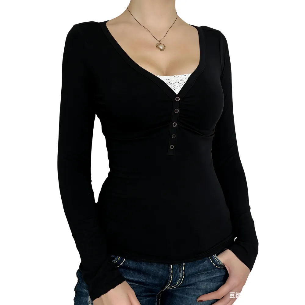 Women's Contrast Lace Button V Neck Tee
