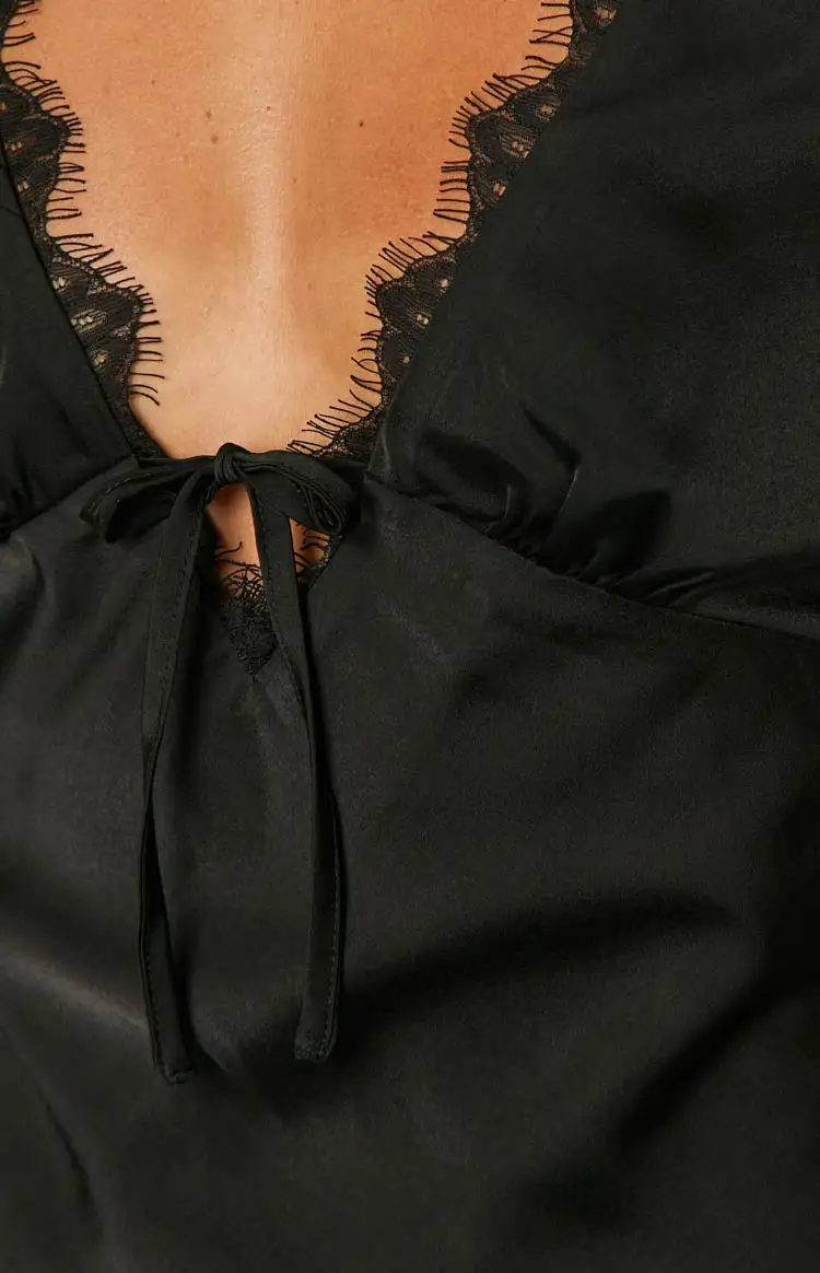 Black Lace Trimmed V-Neck Mini Dress