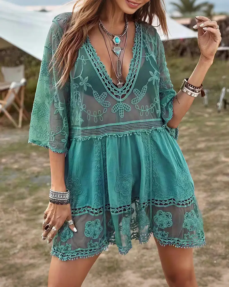 V-neck Lace Crochet Bikini Cover Up With Tassels