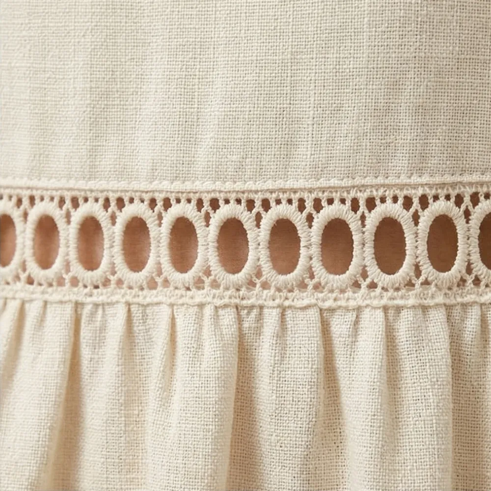 Lace Trim Linen Blend Cotton Blend Midi Dress