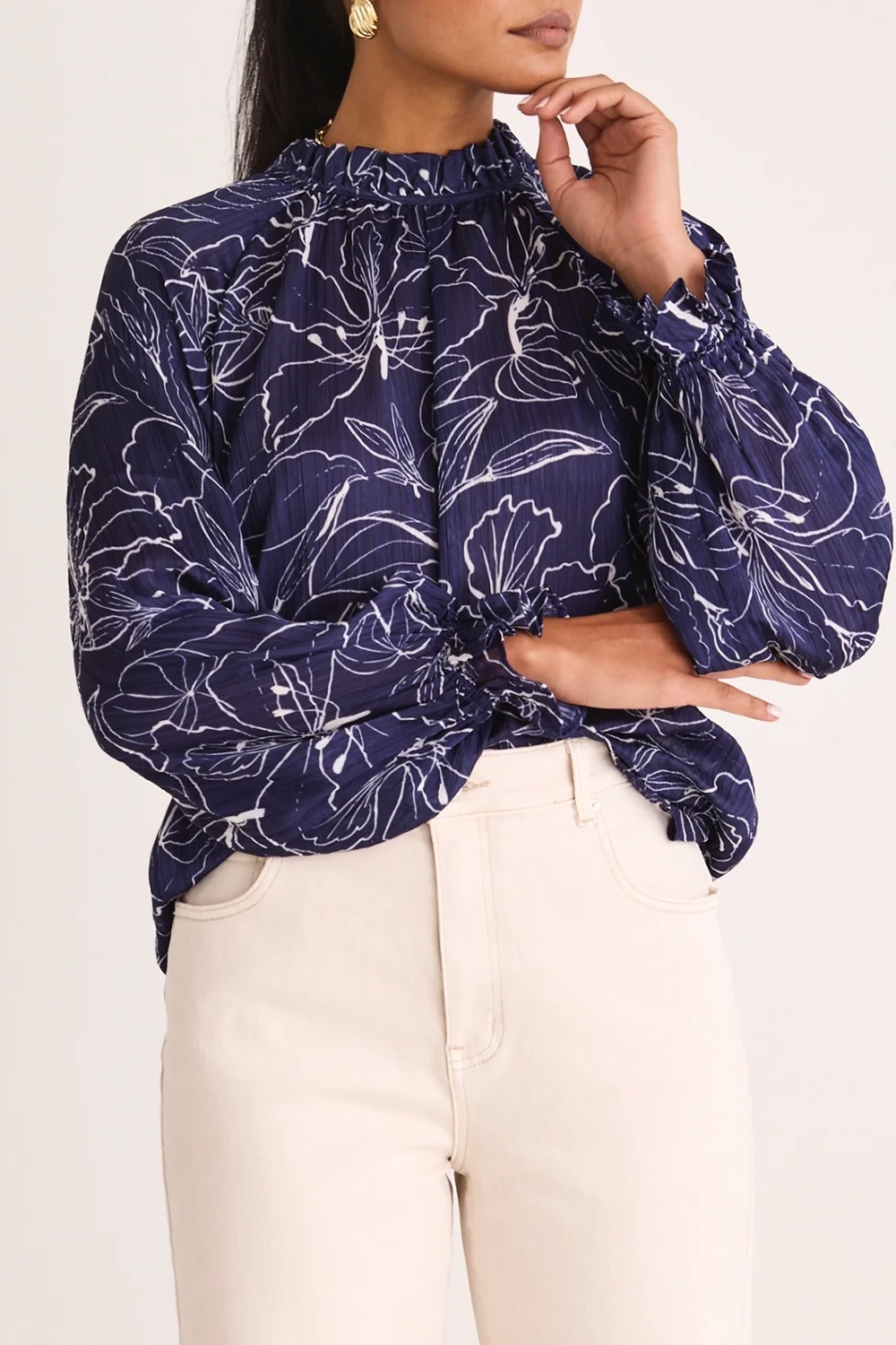 Blue Floral Print Long - Sleeve Top