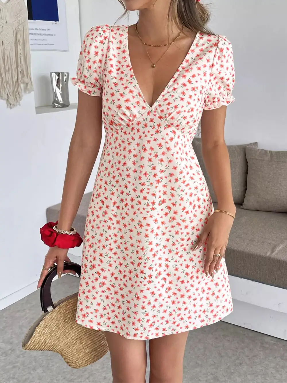 Polished Detail Floral Printed V Neck Mini Dress