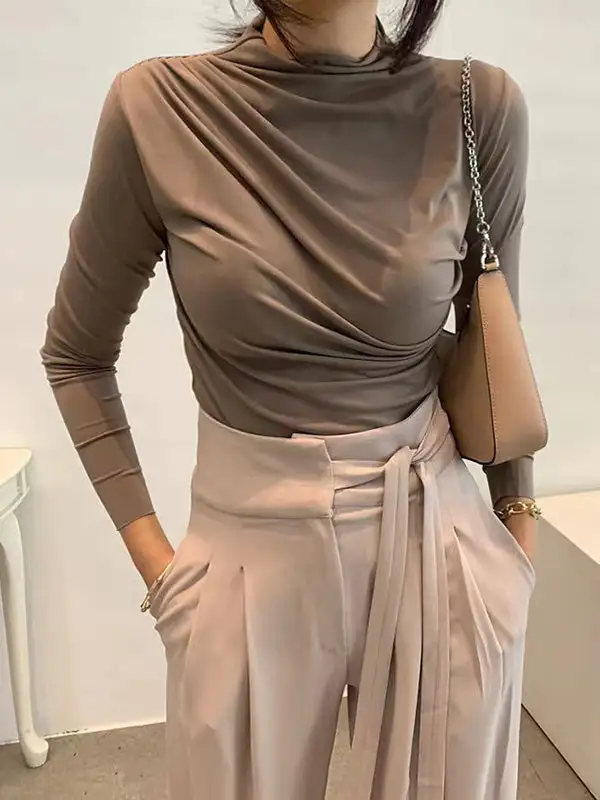 Long Sleeve Slim Fit Pleat Detail Mock Neck Cotton T-Shirt