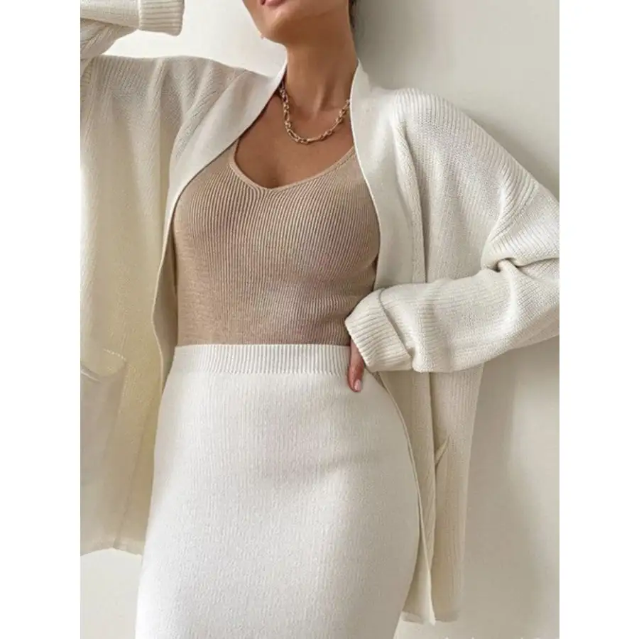 Pocketed Long Sleeve Cardigan and Skirt Sweater Set