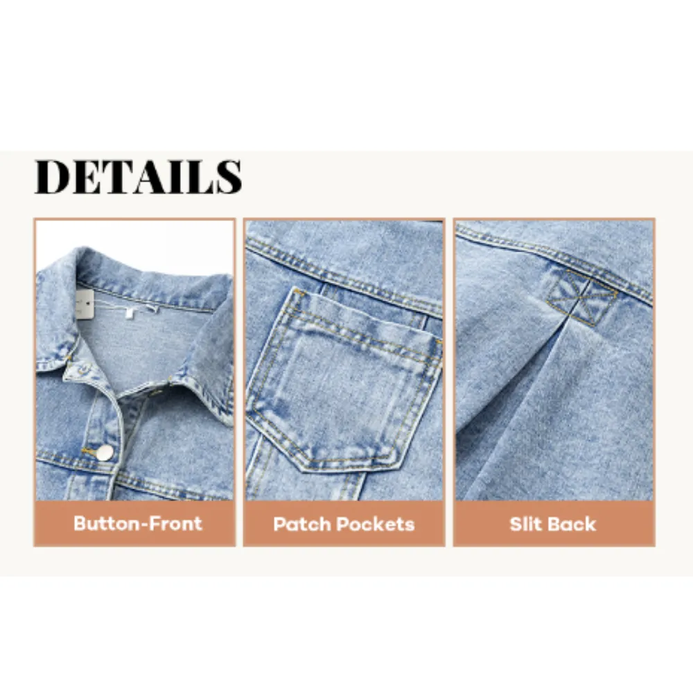 Women's Plain Button Front Drop Shoulder Curved Hem Denim Jacket