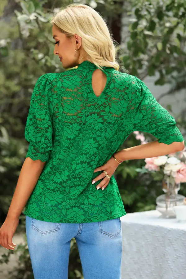 Lace Trim Short Sleeve High Neck Blouse