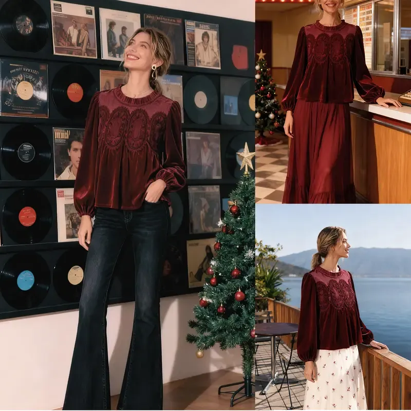 Women'S Long Sleeve Velvet Trim Lace Blouse Elegant Flared Swing Top