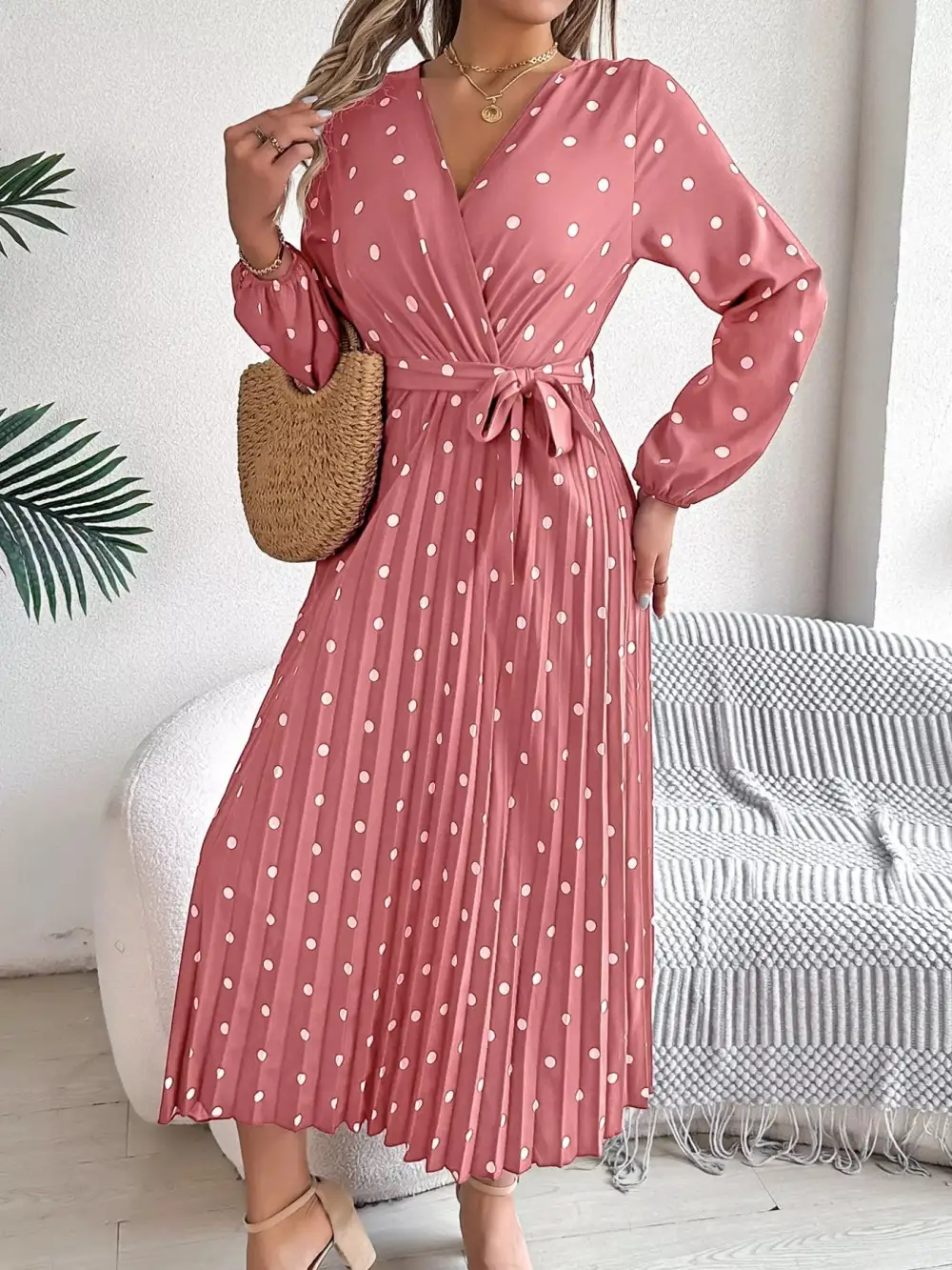 Polka Dot Pleated Midi Dress
