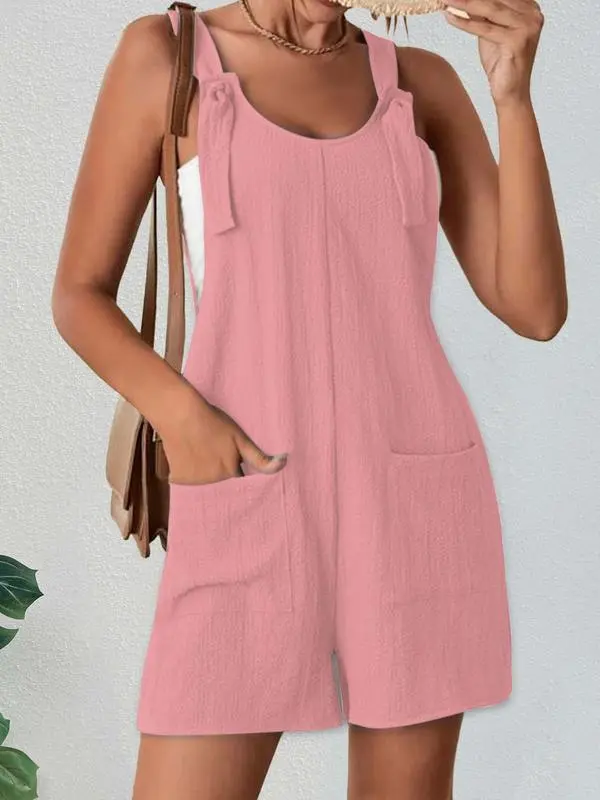 Women’s Textured Adjustable Straps Pockets Overalls – Casual Sleeveless One-Piece Romper for Summer
