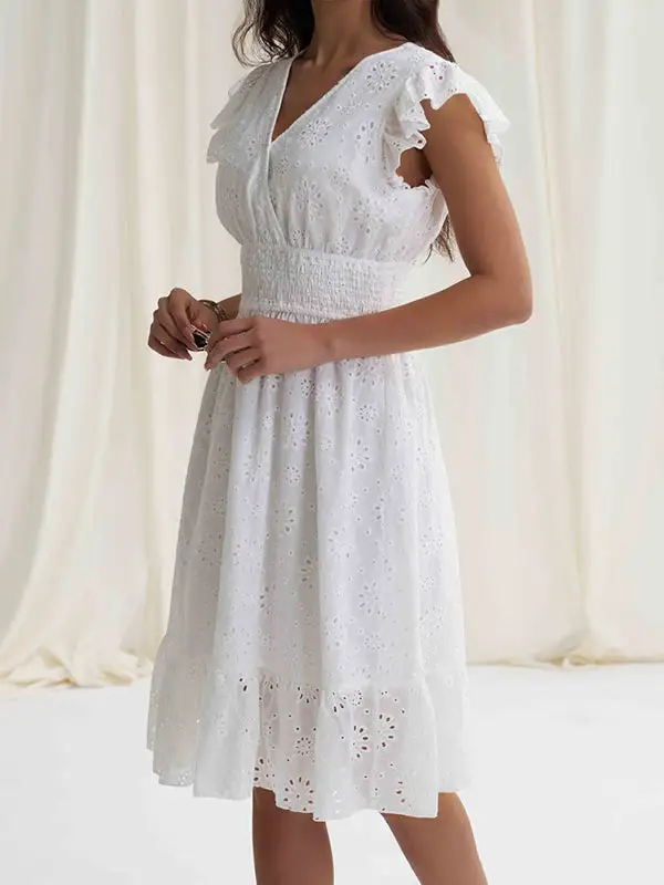 A Line Relaxed Elasticity Hollow Pleated Solid Color V Neck Mini