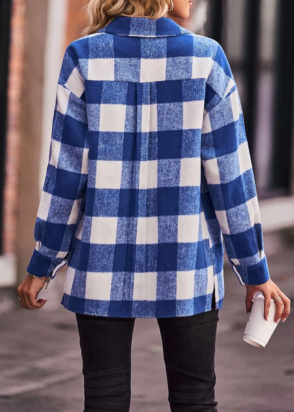 Women's 2023 Fall Clothes Plaid Shacket Jacket Long Sleeve Button Down Flannel Shirts Fashion Blouse