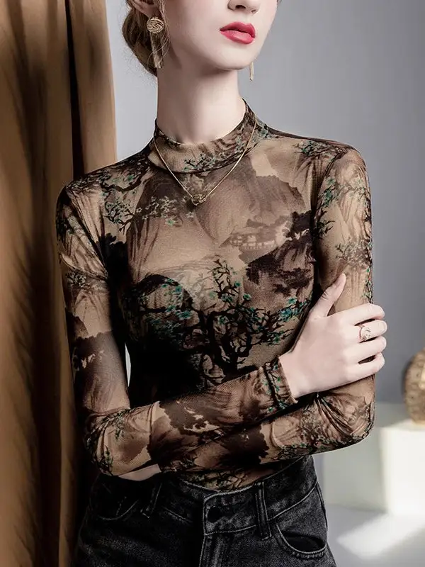 Long Sleeve Curve Fit Asymmetric Mesh Sheer Panel Detail Round Neck T-Shirt