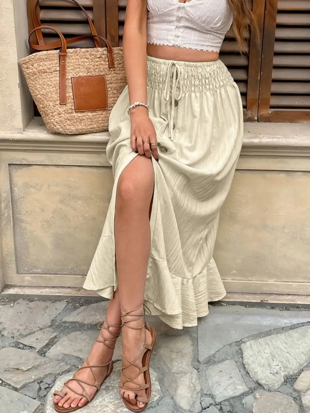 Button Front Smocked Skirt