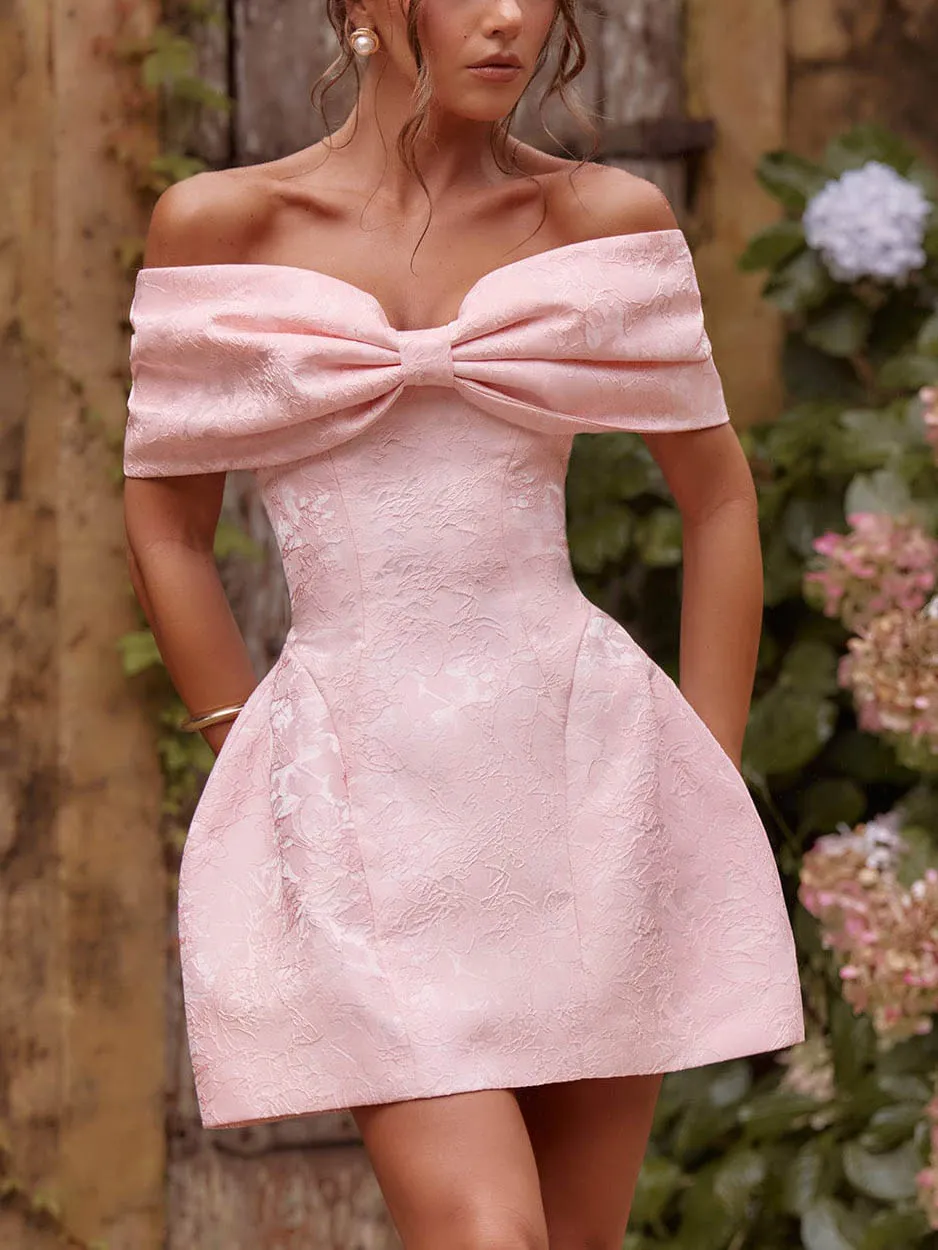 Bow Off the Shoulder Jacquard Mini Dress