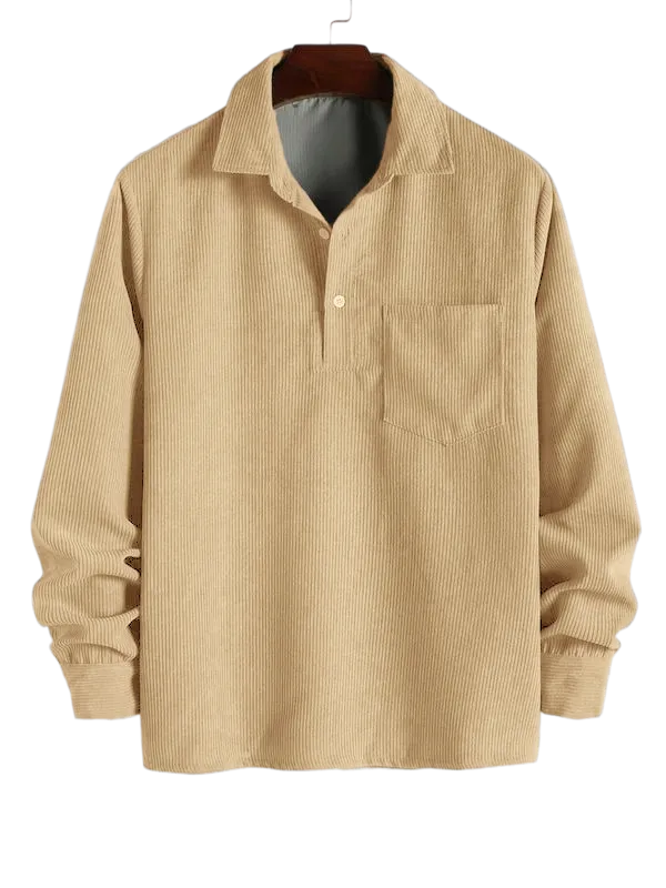 Men's Plain Pocket Half Button Corduroy Shirt, Casual Comfy Regular Fit Long Sleeve Collared Top For Fall & Winter, Men's Clothes For Daily Wear