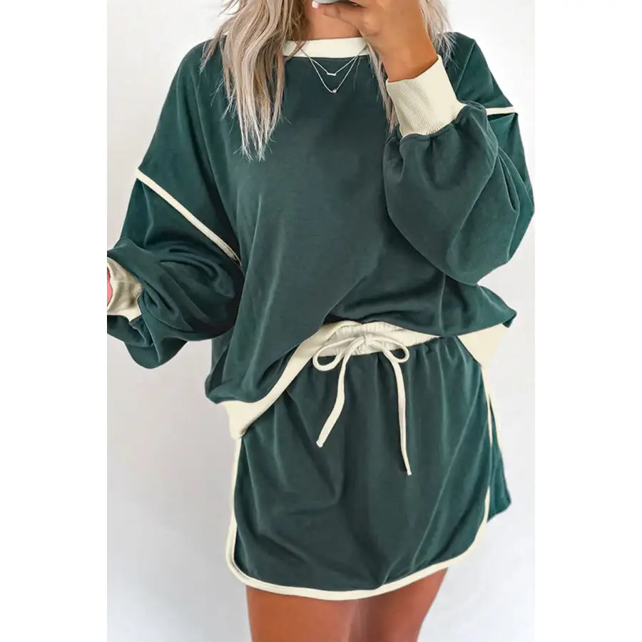 Contrast Trim Round Neck Top and Skort Set
