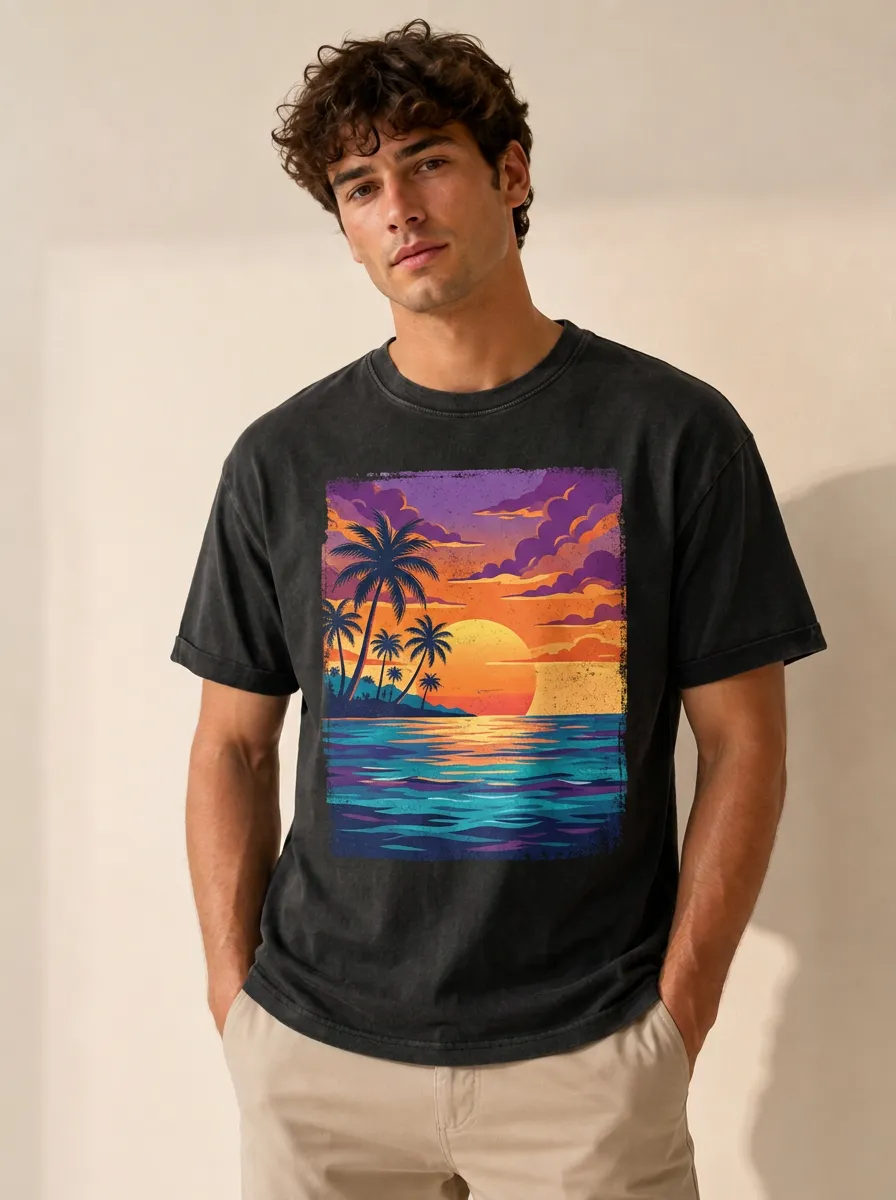 Men's Retro Washed Sunset Graphic T-Shirt