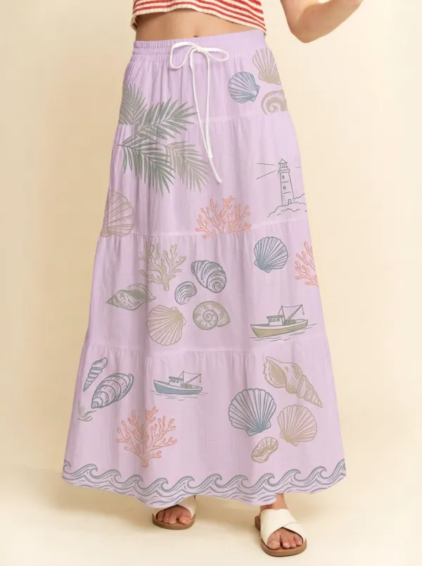 Women's Coastal Seashell Coral Lighthouse Printed Maxi Skirt