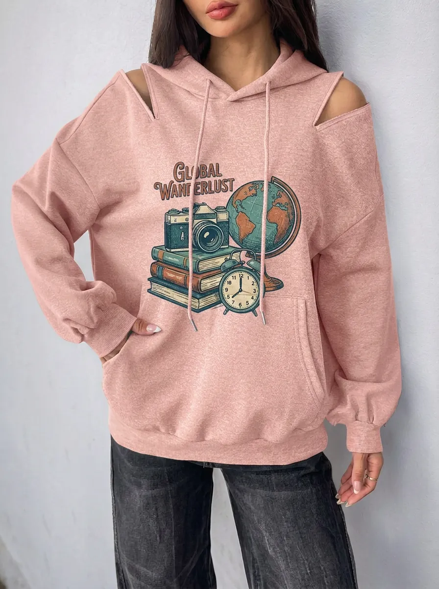 Women's Travel Global Wanderlust Camera Globe Graphic Cold-Shoulder Hoodie