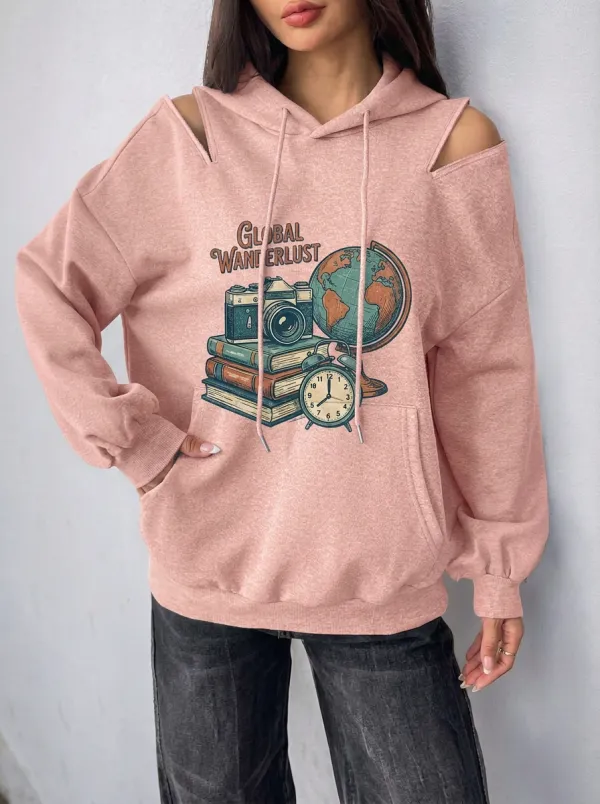 Women's Travel Global Wanderlust Camera Globe Graphic Cold-Shoulder Hoodie