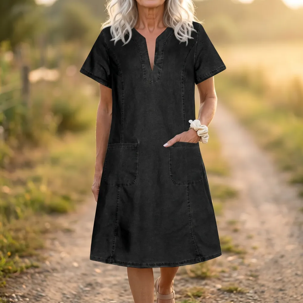 V Neck Pocket Denim Midi Dress