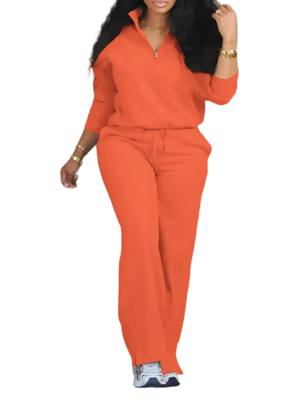 Women's Solid Half Placket Split Hem Pants Set