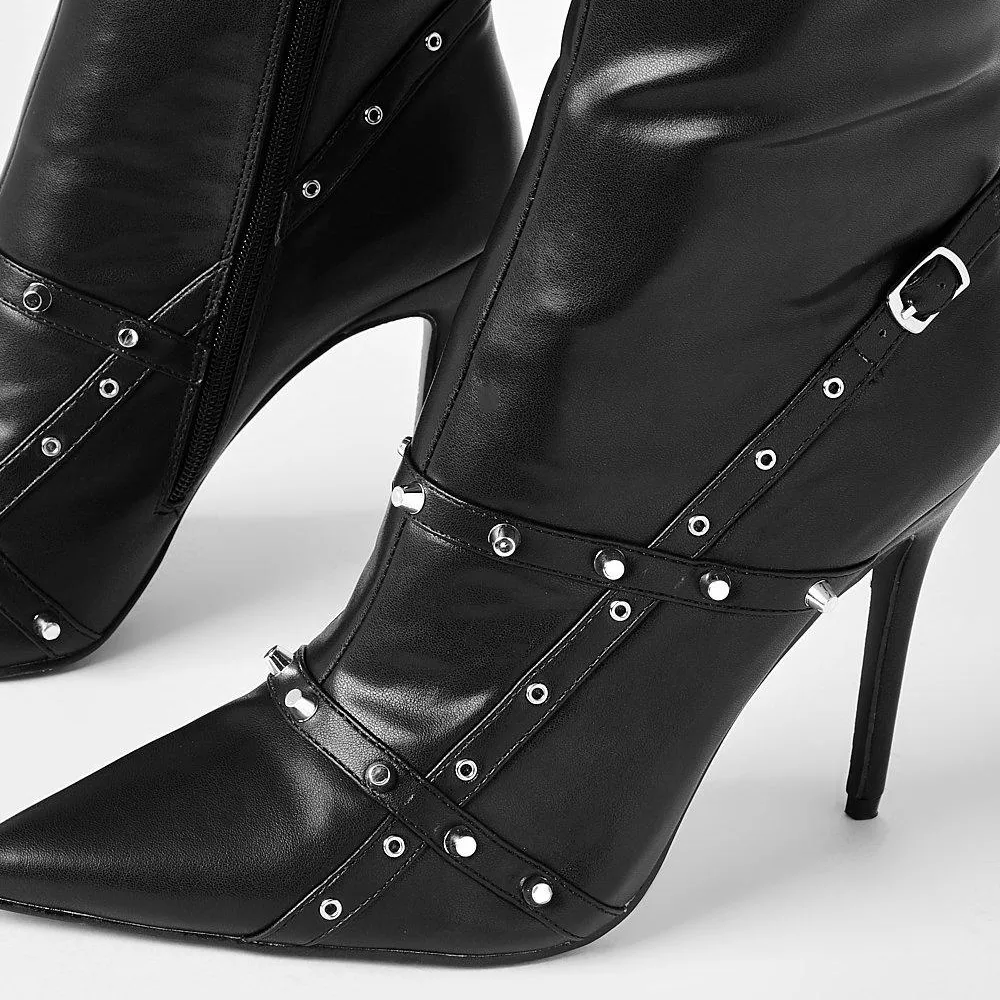 Faux-Leather Studded Buckle-Detail Zip-Up Knee-High Boots