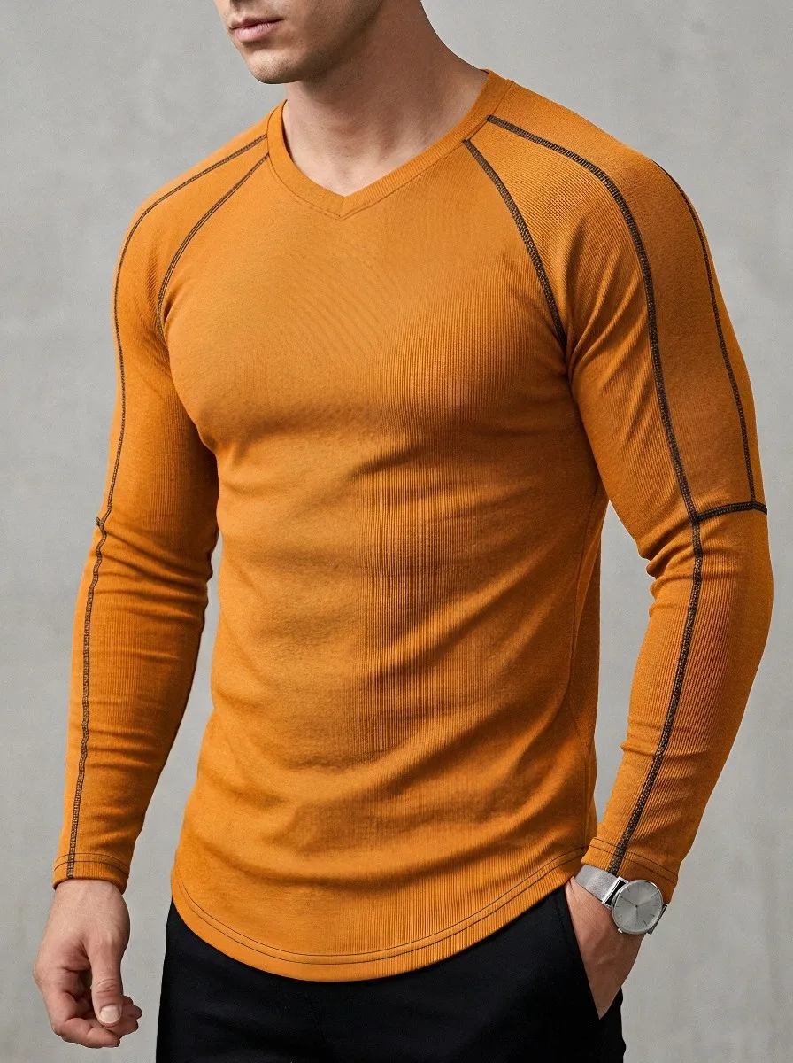 Men's Casual Athletic Ribbed V-Neck Long Sleeve T-Shirt