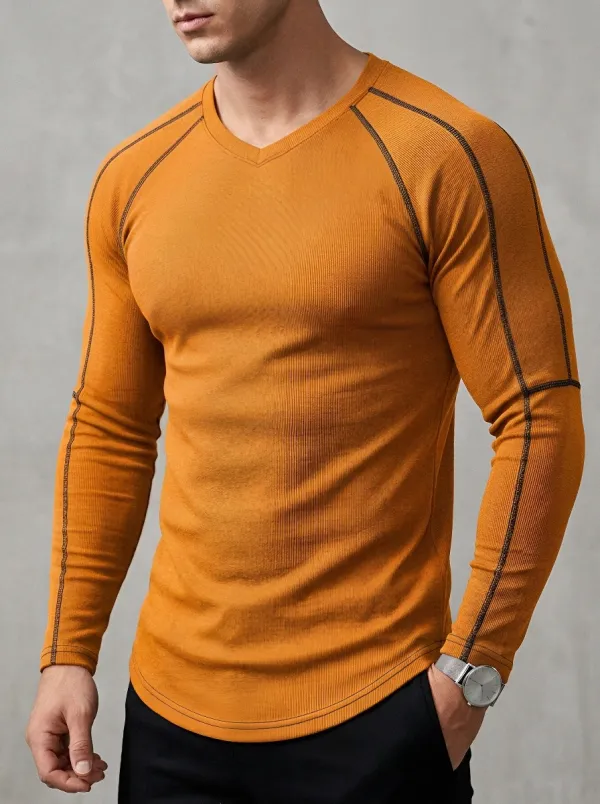 Men's Casual Athletic Ribbed V-Neck Long Sleeve T-Shirt