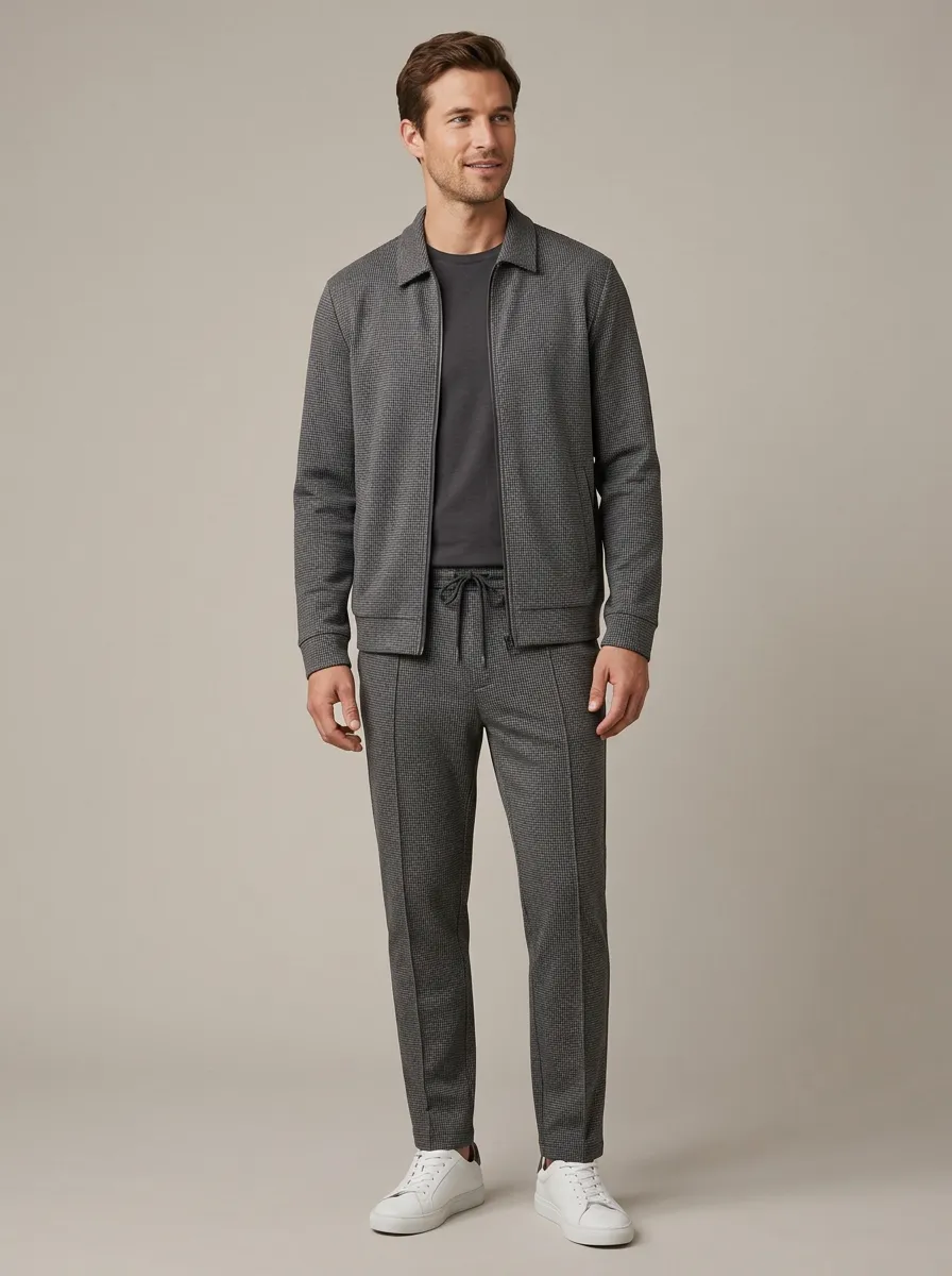 Men's Classic Houndstooth Smart Casual Polo Collar Jacket and Jogger Pants Set